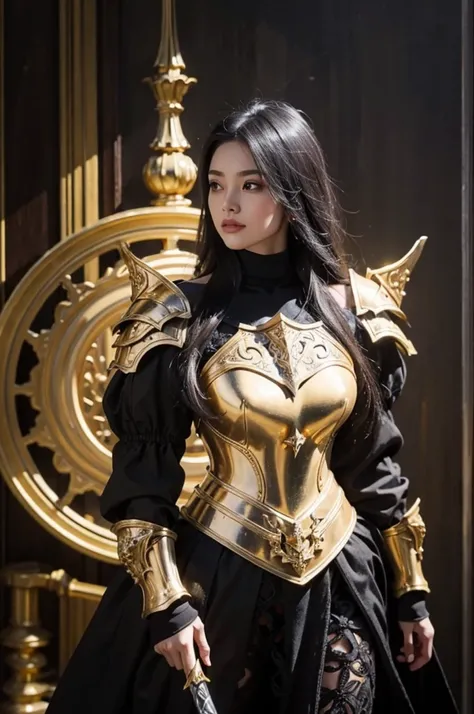 a close up of a woman in armor with a sword, stunning armor, wearing fantasy armor, very stylish fantasy armor, gold heavy armor. dramatic, beautiful armor, fantasy armor, black and gold armor, gothic armor, wearing ornate armor, intricate armour costumes,...