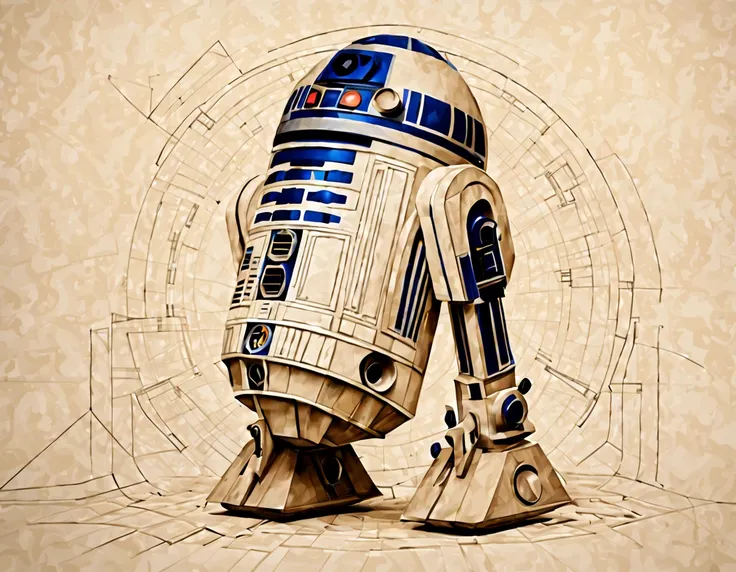 Fusion art, soft color tones, R2D2, linear and geometric art, technical drawing, parchment drawing, combining different models, non-standard interpretation.