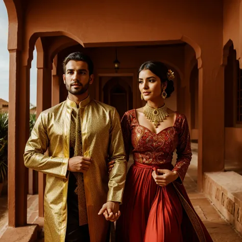 the husband and his wife shine in authentic moroccan fashion, as the husband wears a traditional dress that highlights beautiful...