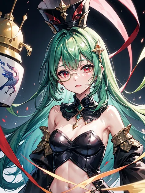 （（（masterpiece、Highest image quality、highest quality、highly detailed unity 8ｋwallpaper）））、（（Illustration of one girl、upper body））、（（（beautiful girl）））、（librarian）、（Emerald green hair、sidelocks：1.2、red eyes、crazy smile）、（（（flat chest）））、monocle、pocket watch...