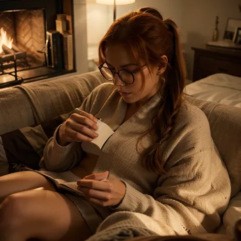 Hot women with ginger hair and fit body. Reading haunting adeline book. Glasses. Ponytail.  Blanket. Hot chocolate. Warm. High quality. Realism. Realistic 