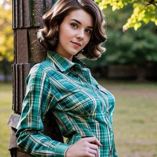 A half Body Photo of a beautiful brunette Scottish girl, green eyes, messy beehive hair style, natural skin complexion, slim with curves, tartan shirt, outdoor background, soft lighting, captured by {randomly selected} photographer. This image looks glamor...