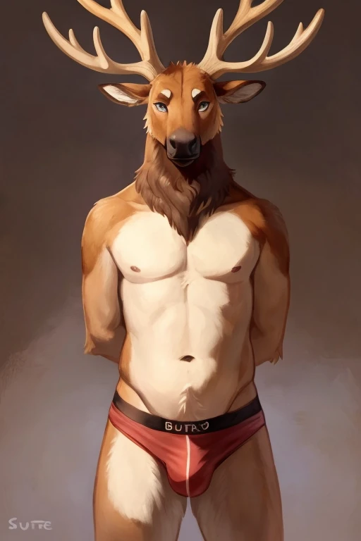 a furry male anthro Elk standing with his hands behind his back. He is wearing underwear and is depicted in a simple background. The artwork should be in a front view perspective. The image should be of the best quality, with ultra-detailed features and a ...