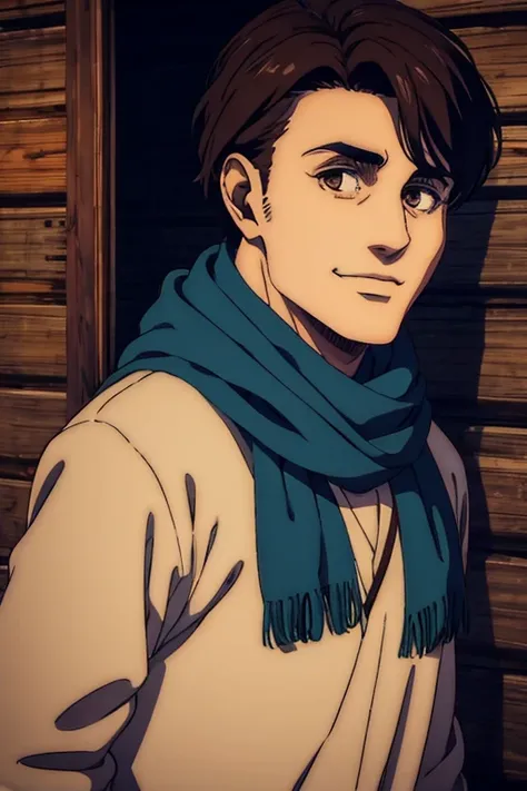 (best quality,4k,,masterpiece:1.2),ultra-detailed,realistic,photorealistic:1.37,male character,brown eye colour,black medium frenzy hair,blue scarf,sharp jawline, he is smiling, behind him a small cabin,  