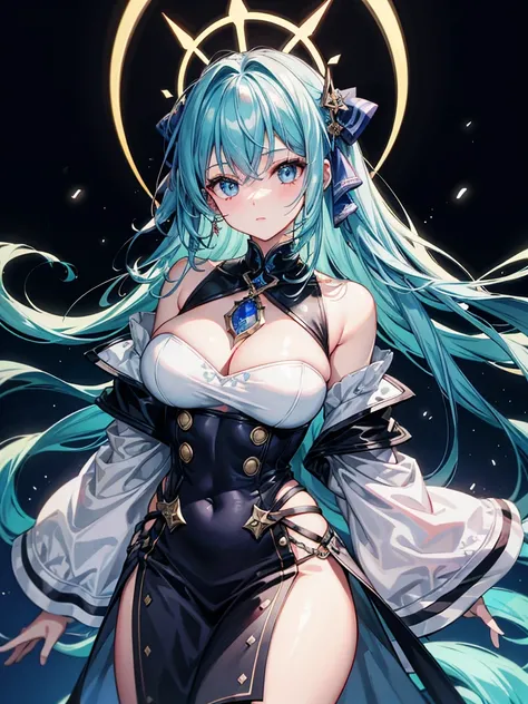 （（（masterpiece、Highest image quality、highest quality、highly detailed unity 8ｋwallpaper）））、（（Illustration of one girl、upper body））、（（（beautiful girl）））、（librarian）、blue hair、（stocky build, thickset physique：1.3, broad shoulders, solid chest）、big breasts、lib...