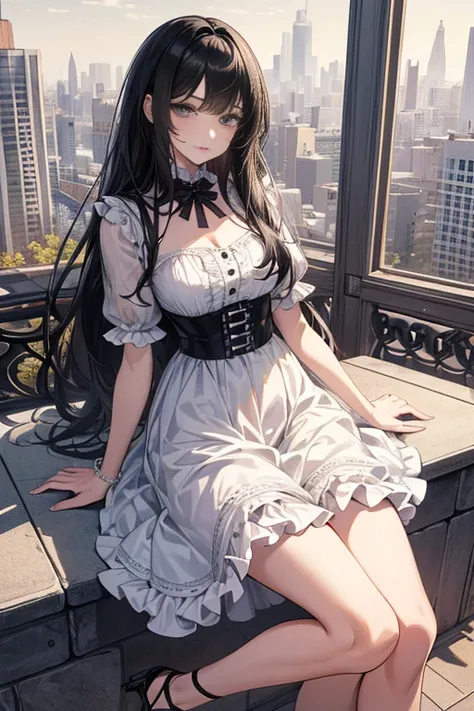 masterpiece++, best quality++, ultra-detailed+, extremely detailed++, 4K, 8K+, best quality, beautiful+, anime style,1person,full body image,summer,citypark,white lacefrill mini slipdress,narrow leather belt bound waist,beautiful straight black hair,beauti...