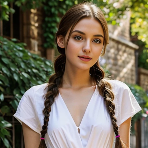 An image of a beautiful woman, Halo Braid hair style, slim with curves, spring season outfits, studio background, soft lighting, captured by {randomly selected} photographer. This image, characterized by its glamorous and elegant style that was recognized ...