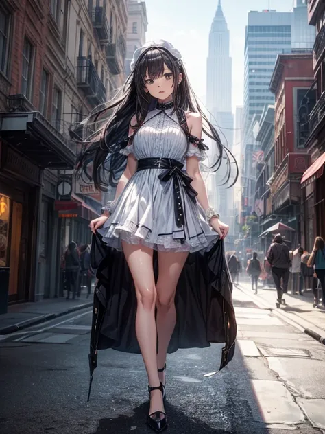 masterpiece++, best quality++, ultra-detailed+, extremely detailed++, 4K, 8K+, best quality, beautiful+, anime style,1person,full body image,summer,citypark,white lacefrill mini slipdress,narrow leather belt bound waist,beautiful straight black hair,beauti...