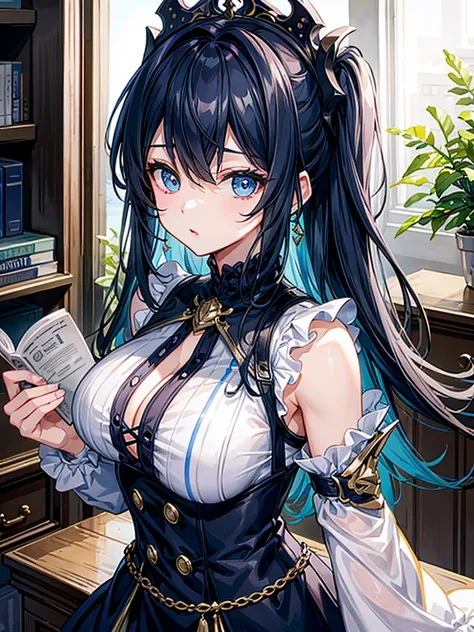 （（（masterpiece、Highest image quality、highest quality、highly detailed unity 8ｋwallpaper）））、（（Illustration of one girl、upper body））、（（（beautiful girl）））、（librarian）、blue hair、（stocky build, thickset physique：1.3, broad shoulders, solid chest）、big breasts、lib...