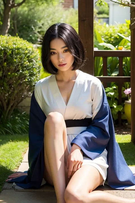 ((highest quality)), ((masterpiece)), (be familiar with), perfect face,whole body、bob hair,Beauty,garden,slouch,kimono,black hair