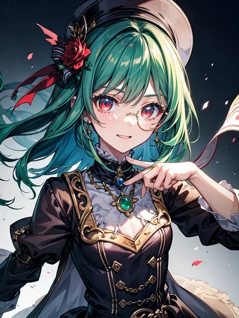 （（（masterpiece、Highest image quality、highest quality、highly detailed unity 8ｋwallpaper）））、（（Illustration of one girl、upper body））、（（（beautiful girl）））、（librarian）、（Emerald green hair、sidelocks：1.2、red eyes、crazy smile）、（（（flat chest）））、monocle、pocket watch...