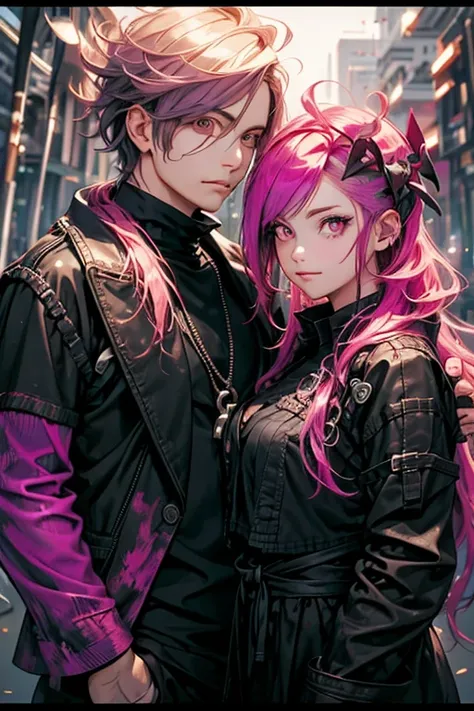 A pink haired handsome male reaper with violet eyes is posing with a pink haired female reaper with violet eyes in a forest
