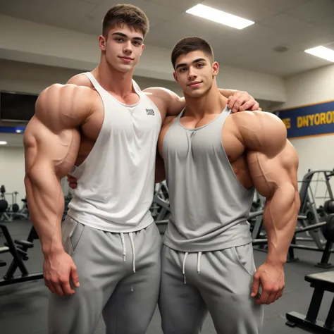 white skin, tall to the ceiling, 18 year old bodybuilder, highschool freshman working out studying hard in high school gym standing next to a lats pulldown machine, dressed in tight sweat pants and tank tops show abs, cute young face, great height differen...