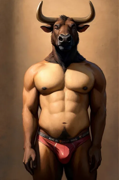 a furry male anthro African Buffalo standing with his hands behind his back. He is wearing underwear and is depicted in a simple background. The artwork should be in a front view perspective. The image should be of the best quality, with ultra-detailed fea...