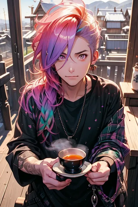 A pink haired handsome male reaper with violet eyes is working on tea in a cozy cabin