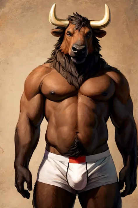 a furry male anthro Bison standing with his hands behind his back. He is wearing underwear and is depicted in a simple background. The artwork should be in a front view perspective. The image should be of the best quality, with ultra-detailed features and ...