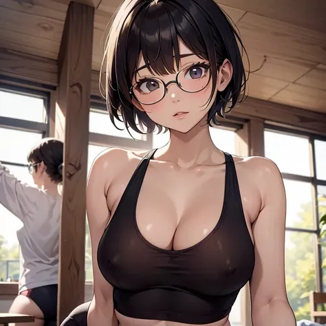 masterpiece,detailed details,muste piece,short cut girl wearing glasses, Yoga Instructor,whole body