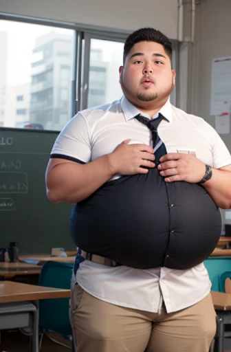 comfetely nude, nsfw, School，naked collared shirt，Self，realistic，khd， Super giant，Half-human, half-Asian black bear, Naked young man, no pants，Wearing panties, Short and stocky exposed，Erection of lower body, penis, Portrait of a slightly chubby young East...