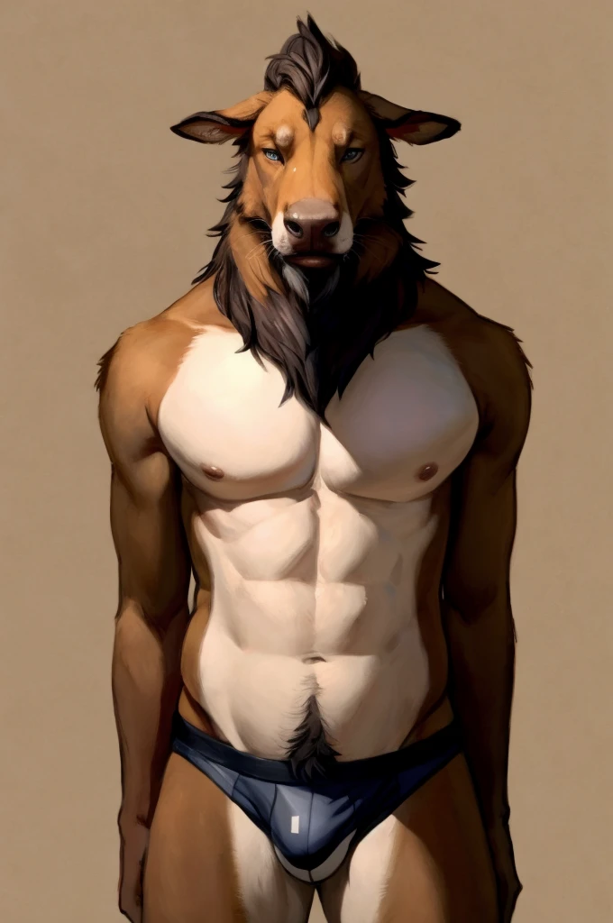 a furry male anthro Gnu standing with his hands behind his back. He is wearing underwear and is depicted in a simple background. The artwork should be in a front view perspective. The image should be of the best quality, with ultra-detailed features and a ...