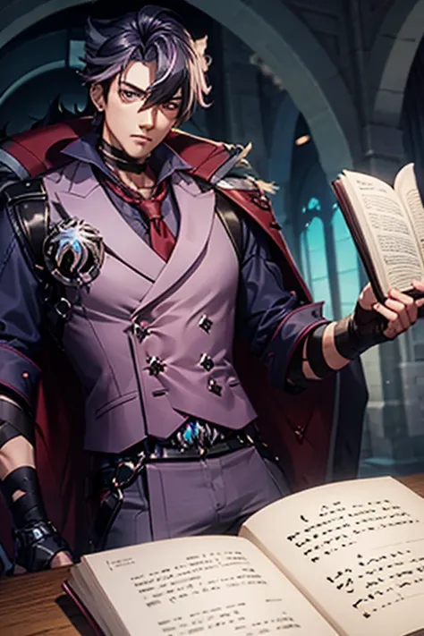 A pink haired handsome male reaper with violet eyes is reading a book on a branch