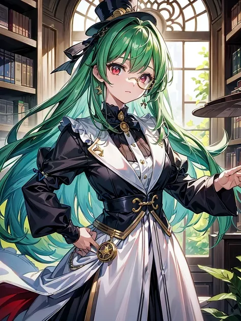 （（（masterpiece、Highest image quality、highest quality、highly detailed unity 8ｋwallpaper）））、（（Illustration of one girl、upper body））、（（（beautiful girl）））、（librarian）、（Emerald green hair、sidelocks：1.2、red eyes、crazy smile）、（（（flat chest）））、（monocle）、pocket wat...