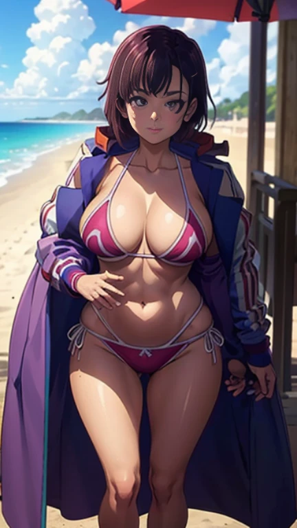 (masterpiece), best quality, ultra realistic detailed purple eyes, perfect face, beach background, beach bikini and penty, looking at viewers, massive boobs, looking at viewers, front facing, front view, happy face, perfect curvy shaped beautiful body, rea...