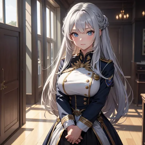 （masterpiece,8K）A long shot of a beautiful girl with long silver hair and large bust standing in military uniform.