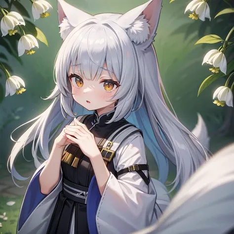 masterpiece, highest quality,arknights,lily of the valley,lily of the valley（arknights）,small,furry ears,big fox ears,nine tails