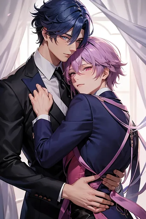 a pink haired handsome male reaper with violet eyes is hugging a muscular blue haired man with silver eyes in fancy suits