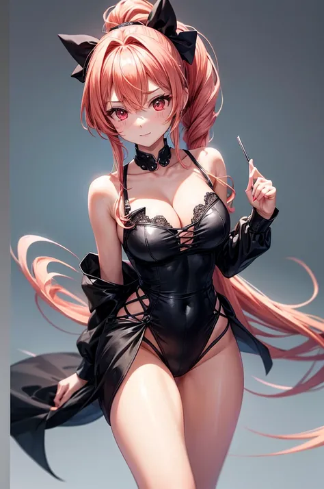 Create an anime woman with long peach colored hair done up in a ponytail with a large black bow. She has mischievous red eyes with makeup. She wears a sexy outfit with panties visible. 1girl.  Red eyes, high resolution, high quality 