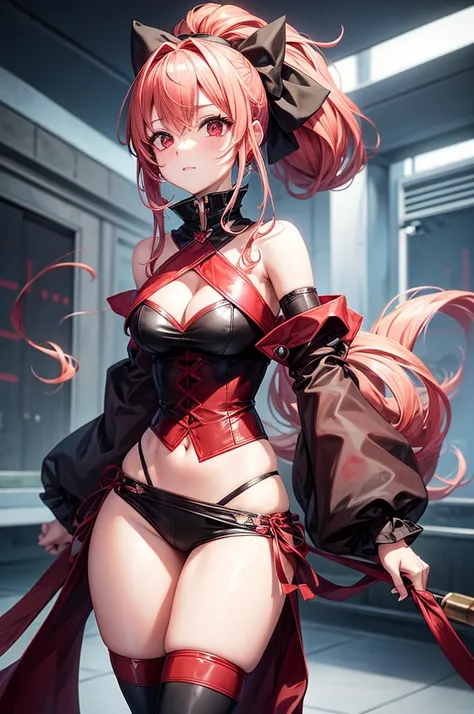 Create an anime woman with long peach colored hair done up in a ponytail with a large black bow. She has mischievous red eyes with makeup. She wears a sexy outfit with panties visible. 1girl.  Red eyes, high resolution, high quality 