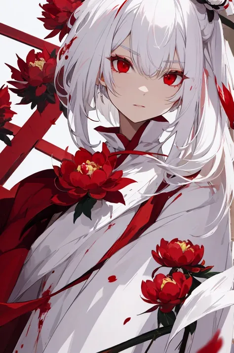 Peony, white hair, blood, red eyes