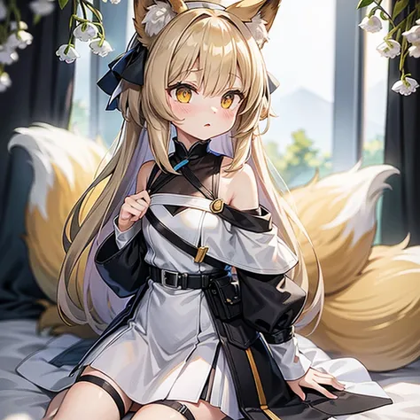 masterpiece, highest quality,arknights,lily of the valley,lily of the valley（arknights）,small,furry ears,big fox ears,nine tails...