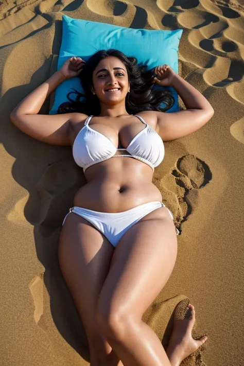 Anushka Shetty, curvy, British, 20s, nurse, wide hip, laying in beach, happy, top view, happy, smile