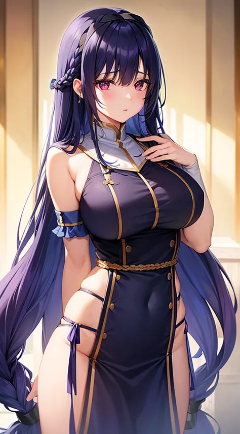 blue hair、long hair down to the waist、Braid in the middle of the back hair、Purple headband、Bangs are divided into seven parts、Golden Eyes、beautiful woman with big breasts、black school uniform、The nape and hem are white、