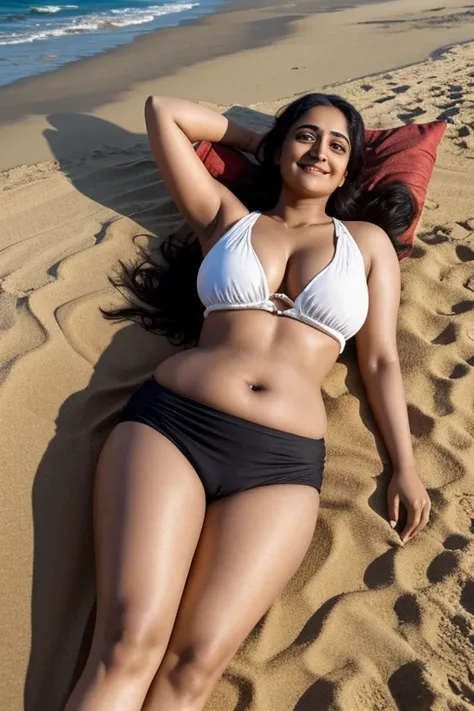 Anushka Shetty, curvy, British, 20s, nun, wide hip, laying in beach, happy, top view, happy, smile