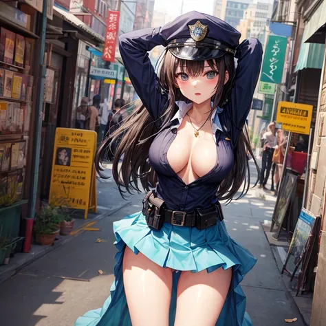 Beautiful police officer、mini skirt、Chest is open、big breasts、手にhandcuffs、Stretch your hands above your head、、blush、in the city、thin thighs、handcuffs、M-shaped legs、spread your legs、light blue panty