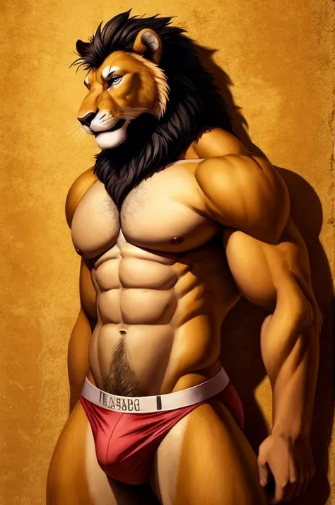 a furry male anthro Lion standing with his hands behind his back. He is wearing underwear and is depicted in a simple background. The artwork should be in a front view perspective. The image should be of the best quality, with ultra-detailed features and a...