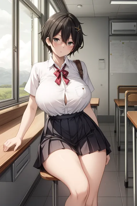 (Beautiful,Huge_Breasts:1.2), 

Illustrate a captivating scene featuring a high school girl with clarity, beauty, and anatomical accuracy. The narrative involves a girl wearing an extremely short pleated skirt, short-sleeved top, and sitting with legs cros...