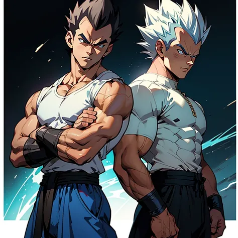 Cinematic Still of Vegeta, the Prince of Saiyans, wearing a sleek Hatake Kakashi suit. The image captures Vegetas powerful stance, muscles rippling beneath the perfectly tailored attire. The white top contrasts sharply against his bronzed complexion, while...