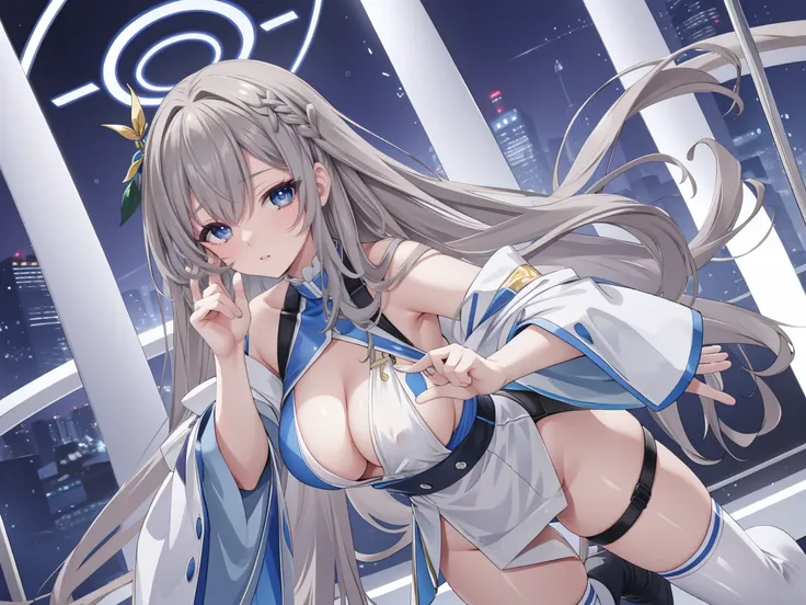 (high resolution), (The best resources), (high quality), (masterpiece), 1 plump girl, Asuna, blue eyes, long gray hair, halo, hair covering one eye, very long hair, light brown hair, (, Cracked Contrast Glue High Socks, Red latex, praying hands logo, looki...