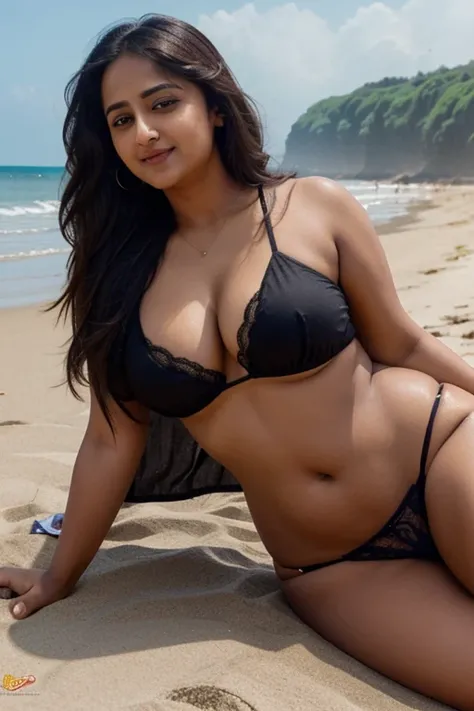 Anushka Shetty, curvy, British, 20s, transparent shirt and black panties, cleavage 5%, wide hip, at beach, happy, laying at beach on her back, front view, happy, smile