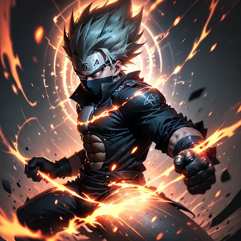 Cinematic Still of Vegeta, the Prince of Saiyans, wearing a sleek Hatake Kakashi suit. The image captures Vegetas powerful stance, muscles rippling beneath the perfectly tailored attire. The white top contrasts sharply against his bronzed complexion, while...