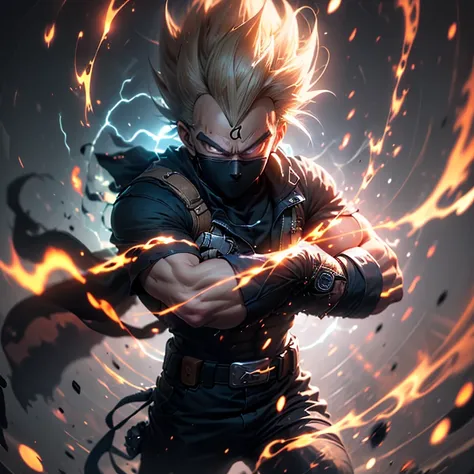 Cinematic Still of Vegeta, the Prince of Saiyans, wearing a sleek Hatake Kakashi suit. The image captures Vegetas powerful stance, muscles rippling beneath the perfectly tailored attire. The white top contrasts sharply against his bronzed complexion, while...