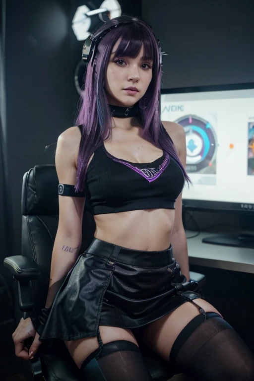 ((Best quality, 4k, Masterpiece)), 1girl, fit, beautiful and realistic, egirl, fading purple dyed hair, hair has bangs, siting in a chair playing video games, holding a controller, overwatch on monitor, fully dressed in goth clothing including large black ...