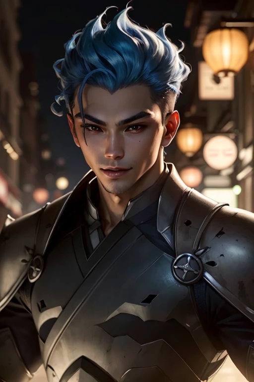 ((Masterpiece,best quality))
Thai male teenager,handsome, alone, gray skin, An evil smile., hair on fire, blue light, armature, 
| cinematic composition, Dark theme,  blue light, 
| Bokeh, depth of field, cinematic composition, |