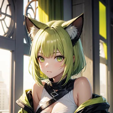 high quality,arknights,Kelsey,Kelsey（arknights）,light yellow-green hair color,light yellow-green cat ears,Mature face,Clear look,Transparent eyes,Yellow-green eyes,short hairstyle,yellow green off shoulder,Expressionless