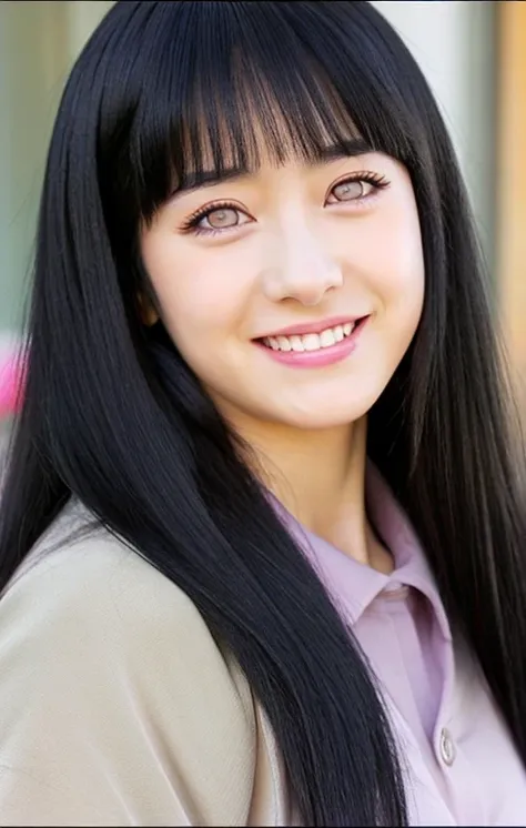 a girl with long blue hair and a gray shirt, hinata hyuga, hinata hyuga from naruto, she has black hair with blunt bangs, realistic, with long dark hair, from naruto, blunt bangs, purple eyes, pink lips, (realistic hair:1.3), (long hair:1.3), (light smile:...