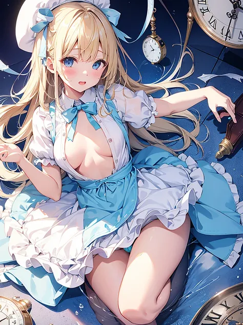  girl、laughter、light blue dress、white apron、blonde hair、ribbon、clock、wonderland、（small breasts）、movement、(pull your panties down to your knees,NSFW),SEX,masturbation、Pee、dildo、