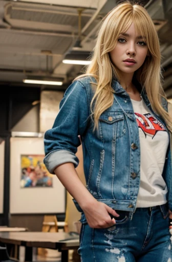 a painting of a blonde anime girl in jeans and a jacket, in the style of vibrant comics, 32k uhd, rough, intense gaze, marvel comics --ar 63:128 --stylize 750 --v 6